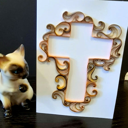 Cross greeting card, made with paper quilling in browns, handmade