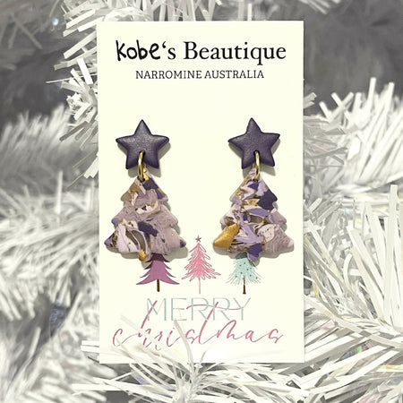 Purple and Gold Christmas Tree Earrings