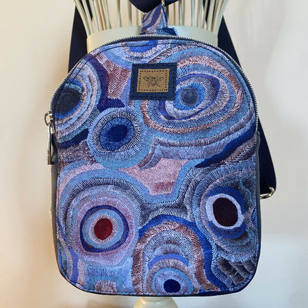 Convertible Backpack/Crossbody Bag - Blue Circular Design/Navy Faux Leather