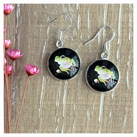 Little Green Tree Frog Earrings in Studs, Clip ons or Dangles