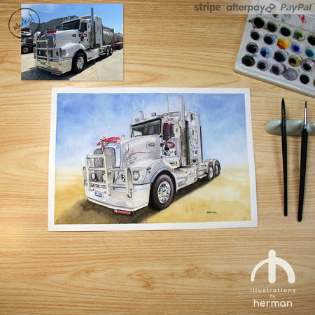 Custom Portrait | Watercolour | Trucks | 26x18 cm | FRAMED | UNFRAMED