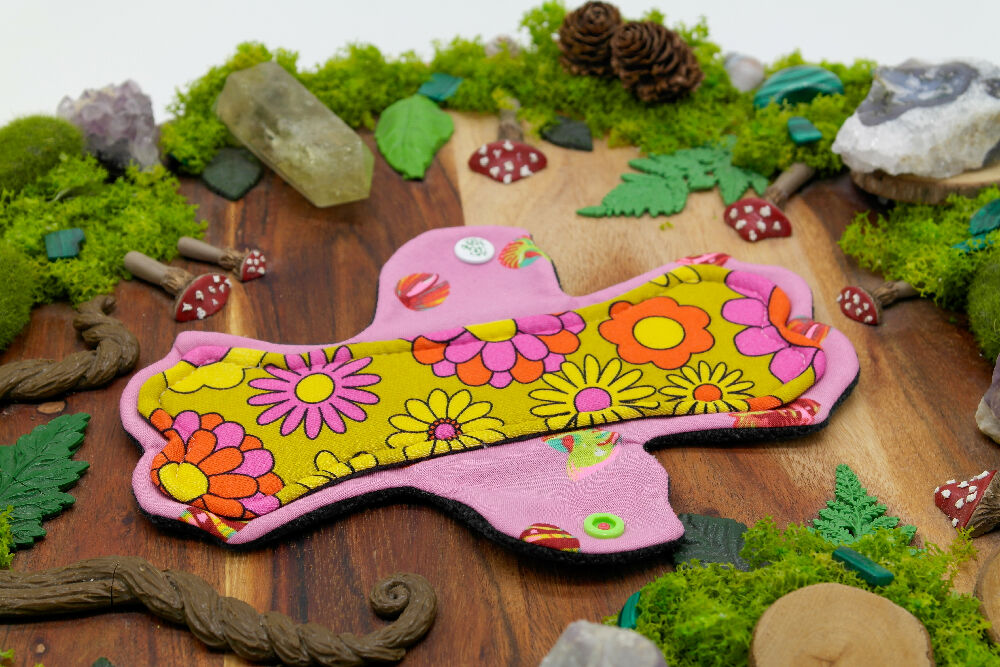 dig the flow reusables reusable cloth pad australian handmade pink daisies mustard bamboo lycra tula pink shells cotton unique one-of-a-kind lips of an angel kitty menstrual health business