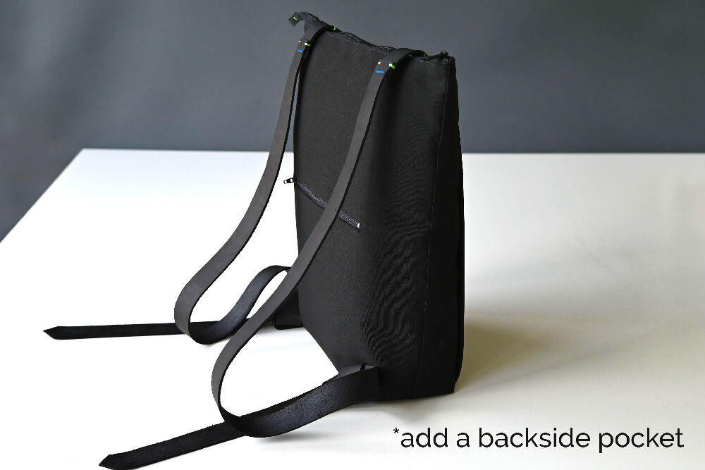 the backside of a black backpack with black leather straps which has a backside pocket is standing on a white table.