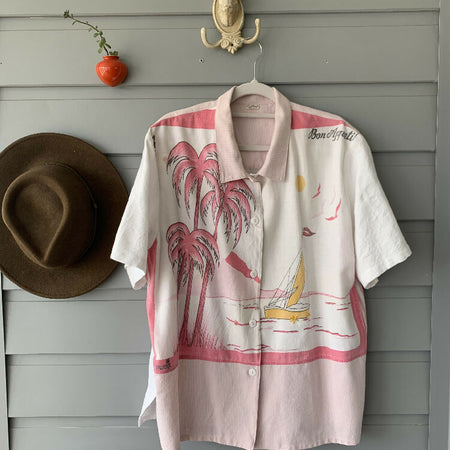 Pink Palm tree cotton tablecloth shirt/ upcycled tablecloth/ woman’s shirt/ size Large