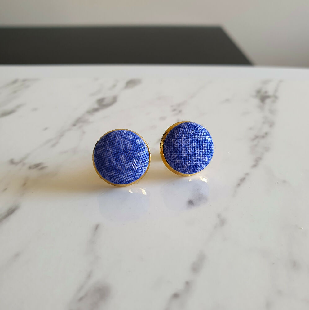 1.4cm Round Blue Purple Plants cotton fabric Cabochon stud earrings