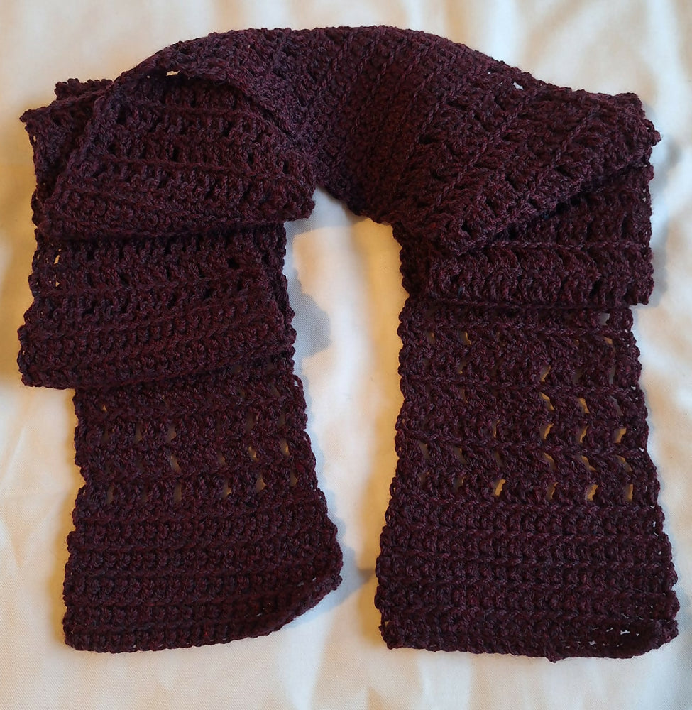 Handmade scarf; long burgundy crocheted scarf