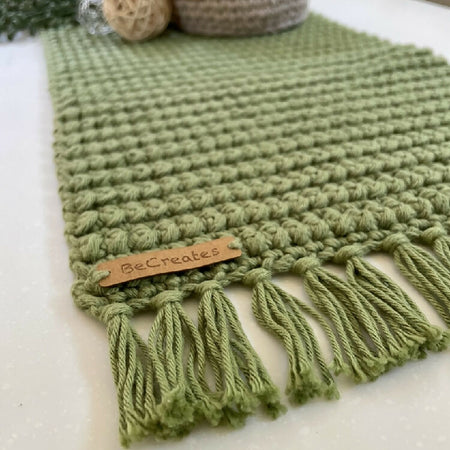Crochet Table Runner with fringed edge - Sage Green