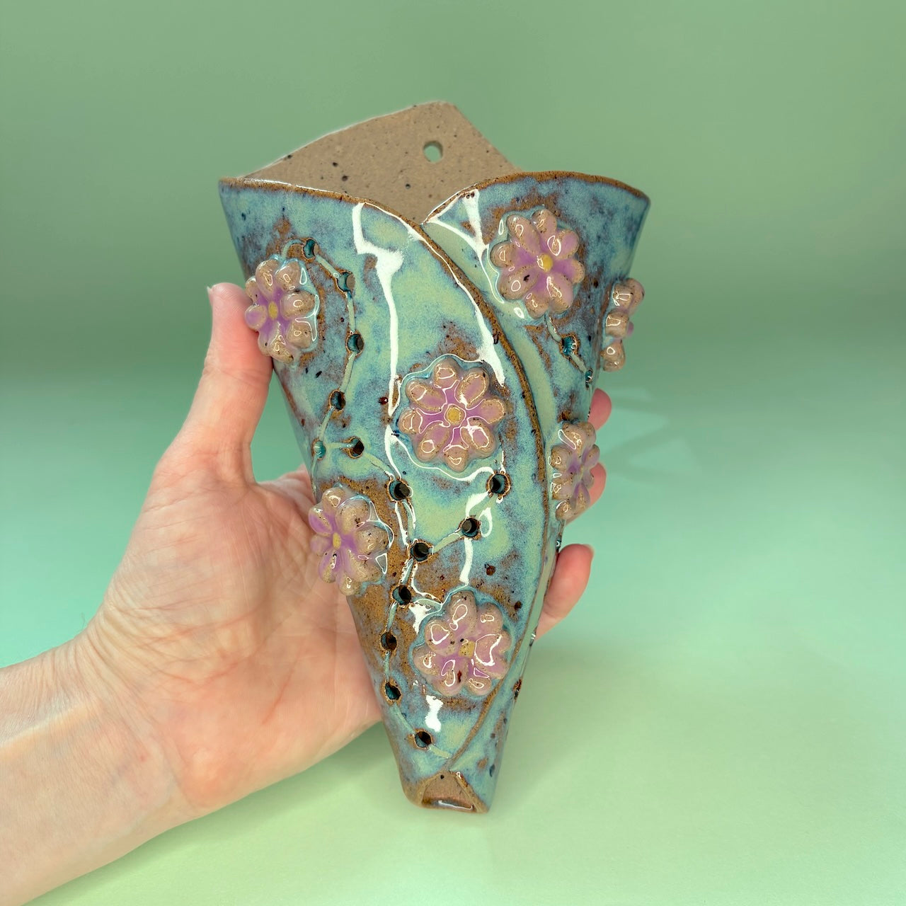 Ceramic wall cone orchid pot with flower design