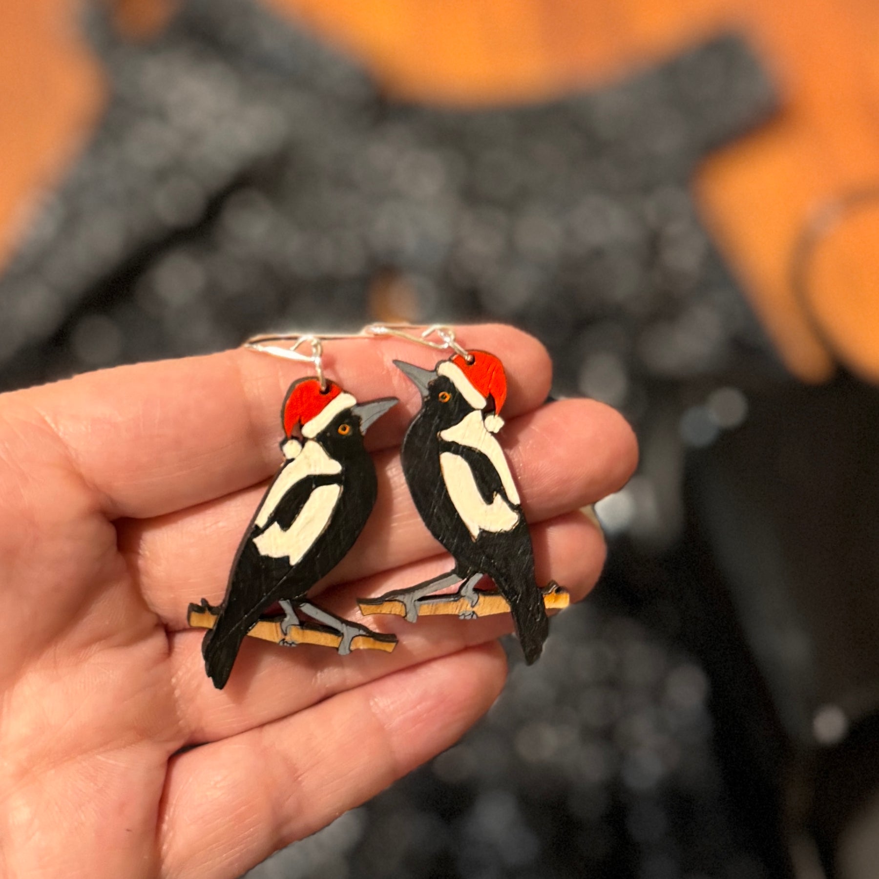 Australian Christmas Magpie Hand Painted Earrings