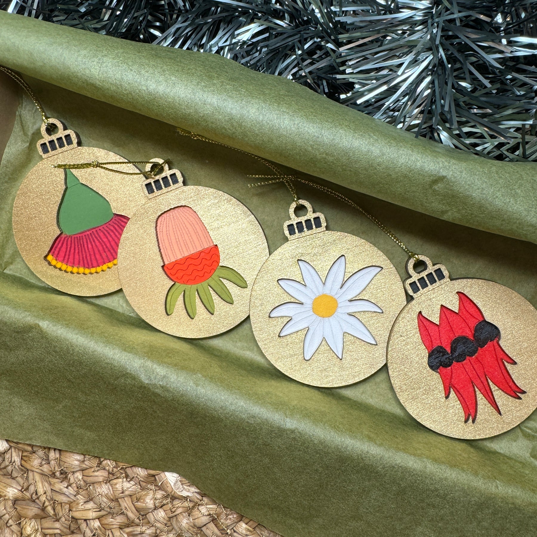 Set of 4 Australian Native Flower Hand Painted Christmas Decorations