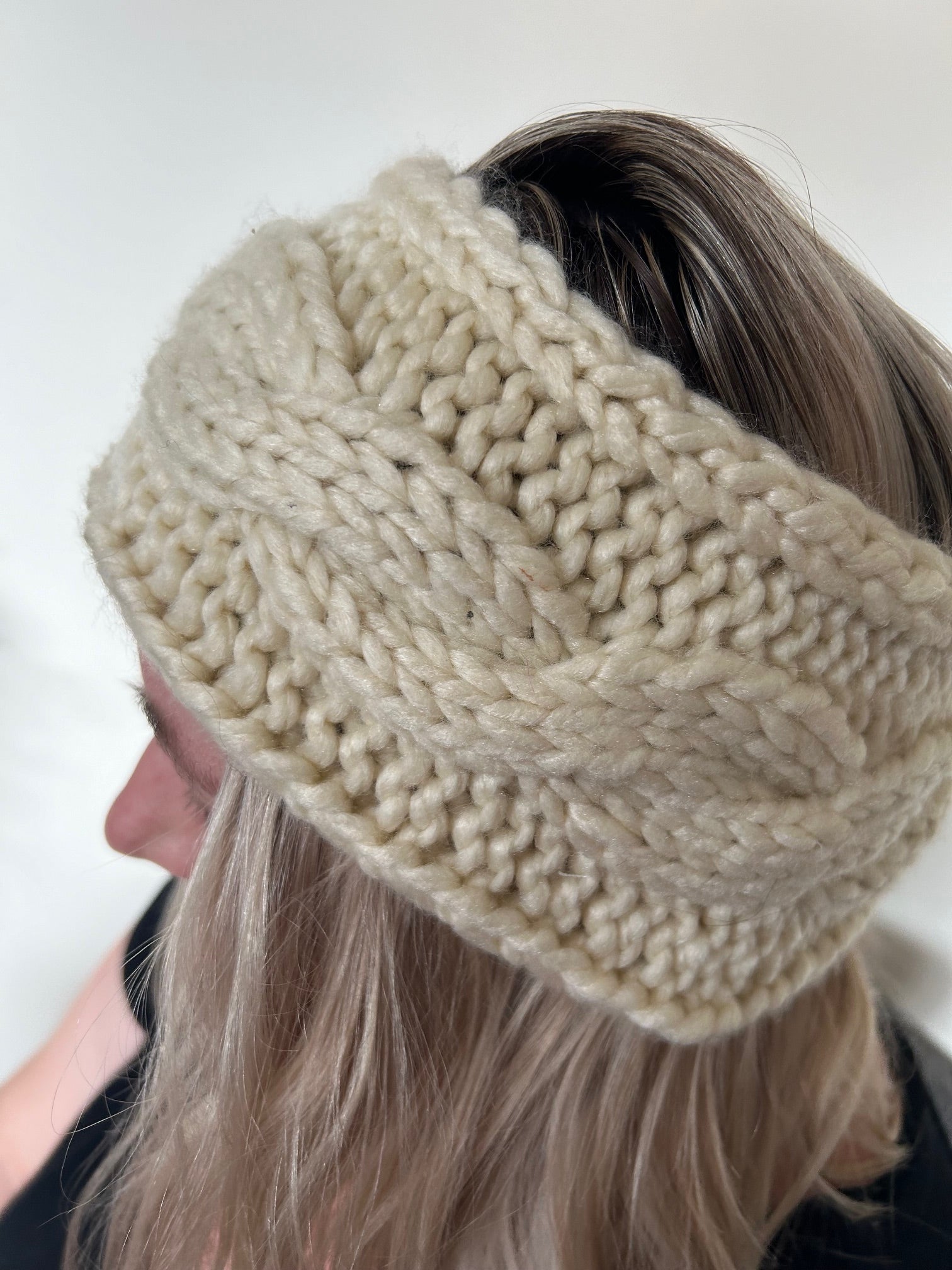 Hand Knitted Wool Mix Headband - Winter White Cable