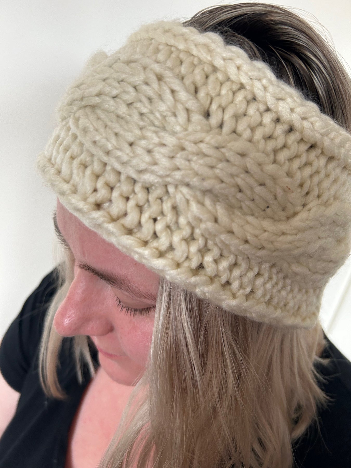 Hand Knitted Wool Mix Headband - Winter White Cable