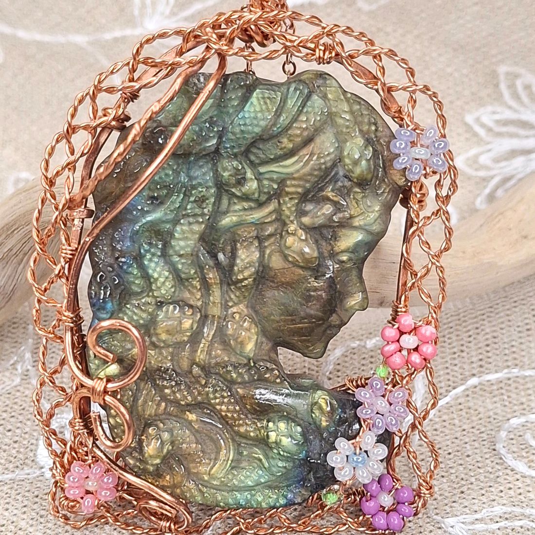 Medusa – Copper Wire Wrapped Labradorite Cameo Pendant 6.5 x 4.5cm