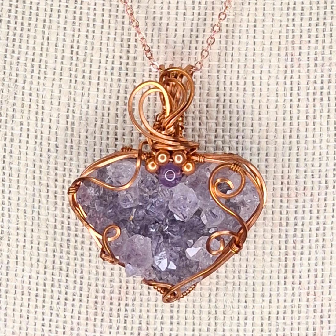 Twilight Heart – Copper Wire Wrapped Amethyst Pendant 5 x 3.7 cm
