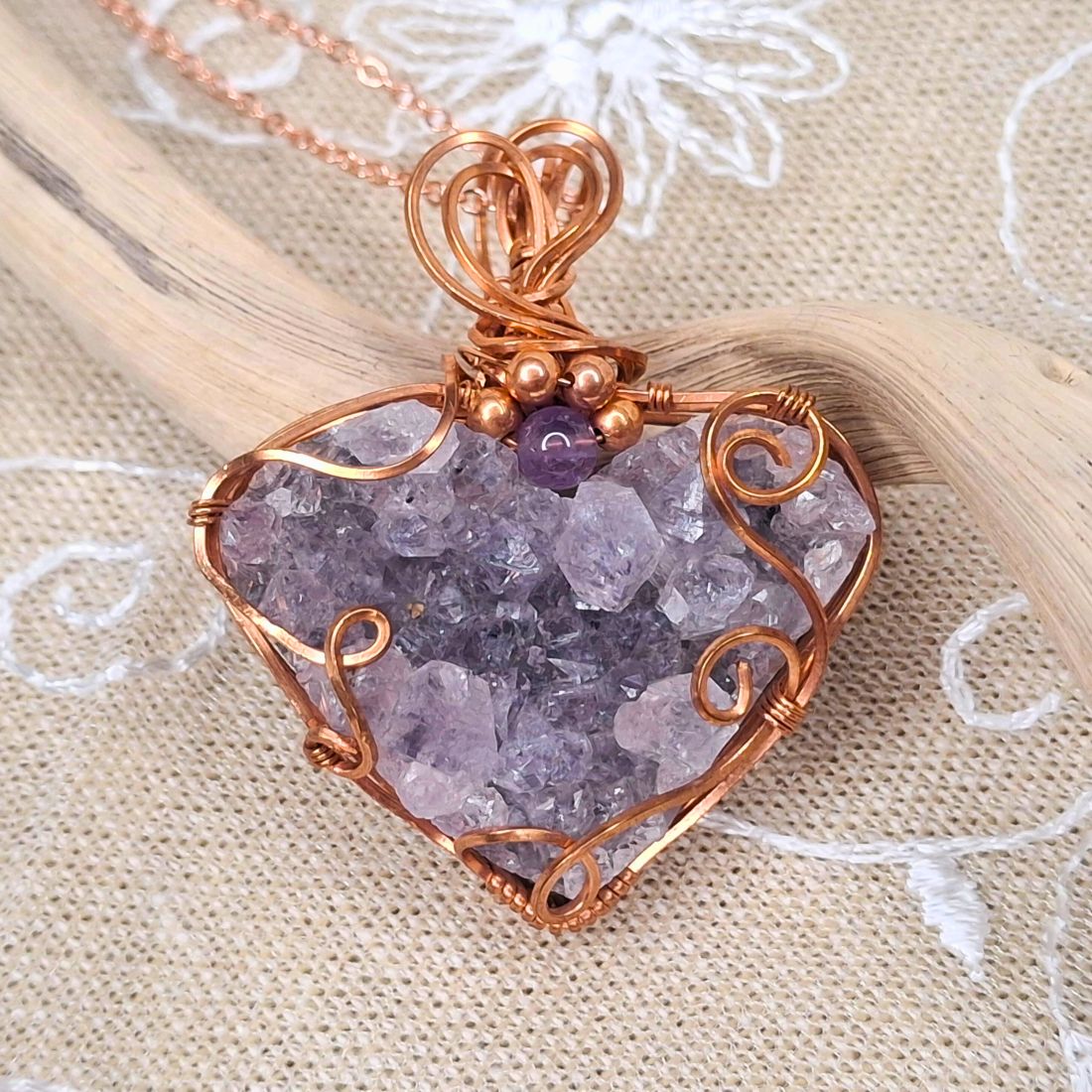 Twilight Heart – Copper Wire Wrapped Amethyst Pendant 5 x 3.7 cm