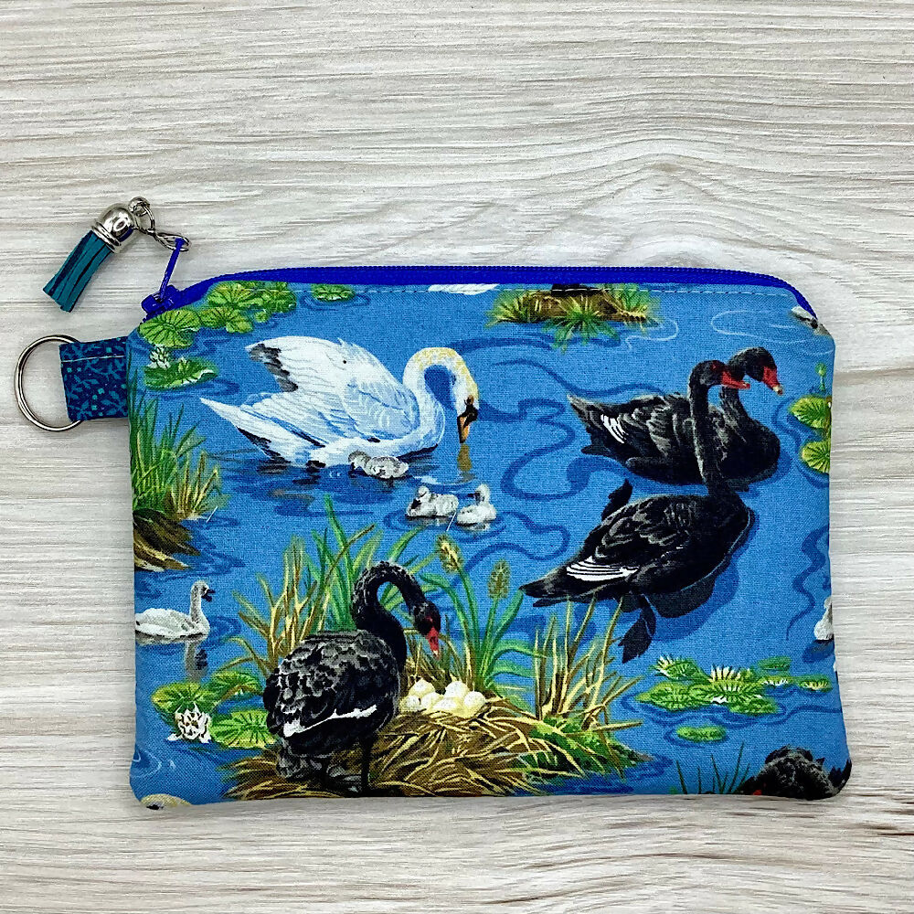 Swans Zip Pouch (18cm x 13cm). Fully lined, lightly padded