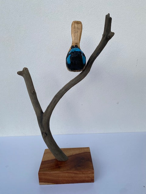 Hand carved blue wren sculpture