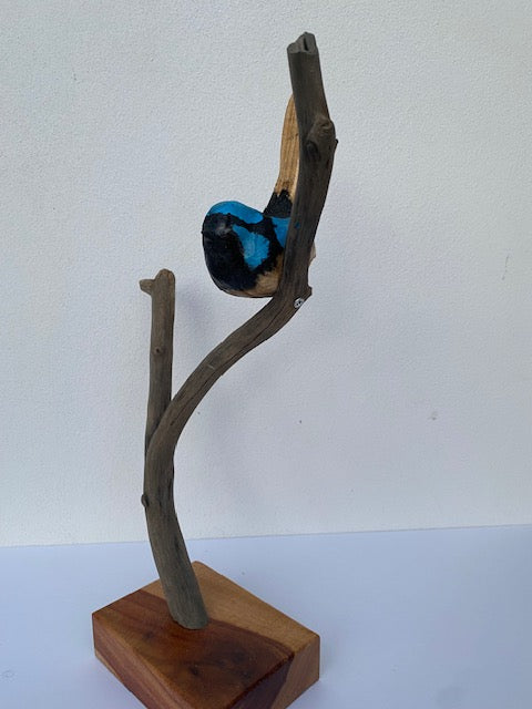 Hand carved blue wren sculpture