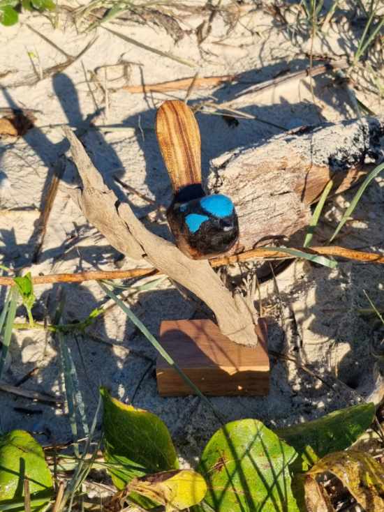 Hand carved blue wren