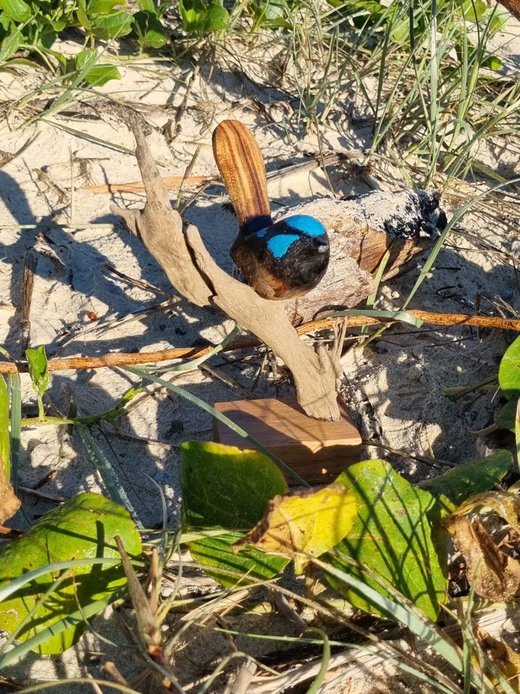 Hand carved blue wren