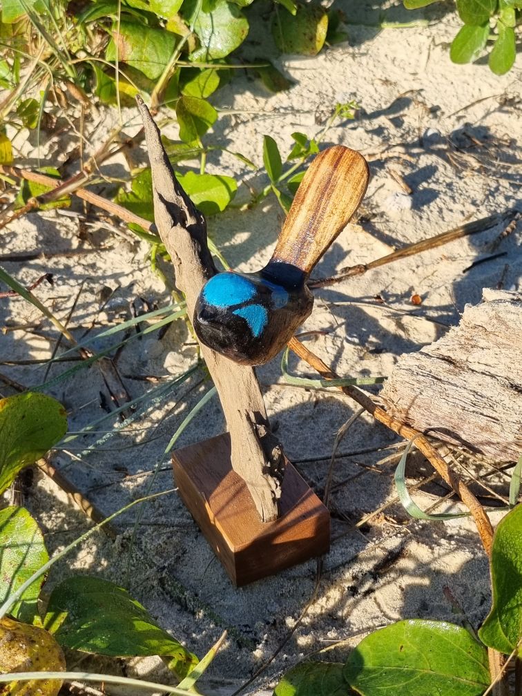 Hand carved blue wren