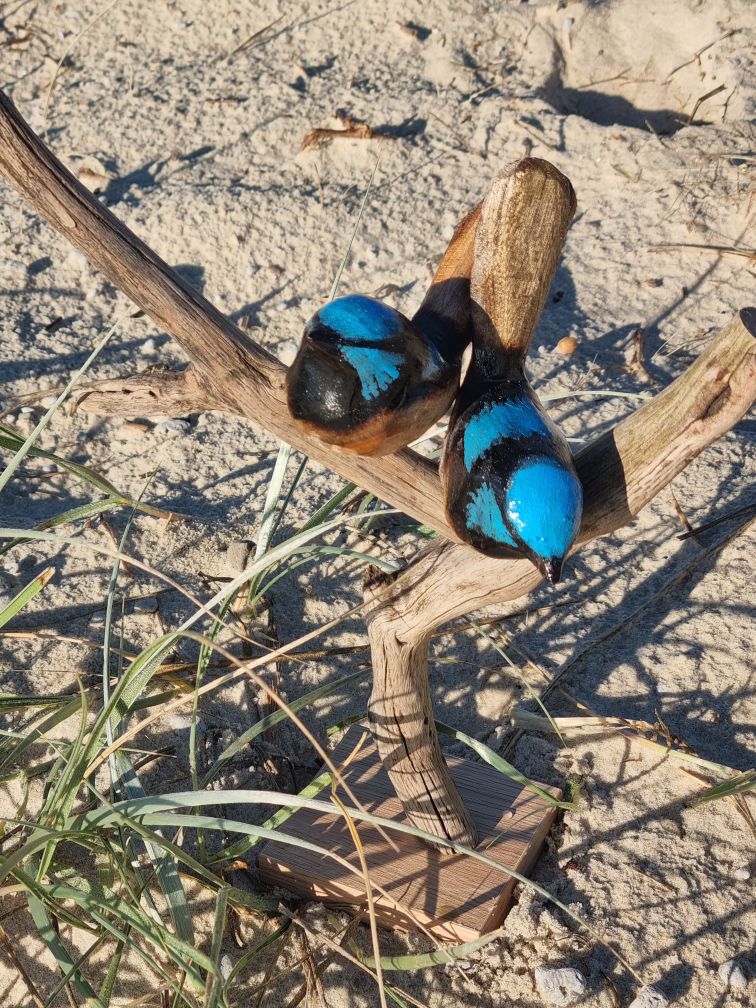 Hand Carved Wooden Blue Wren Pair