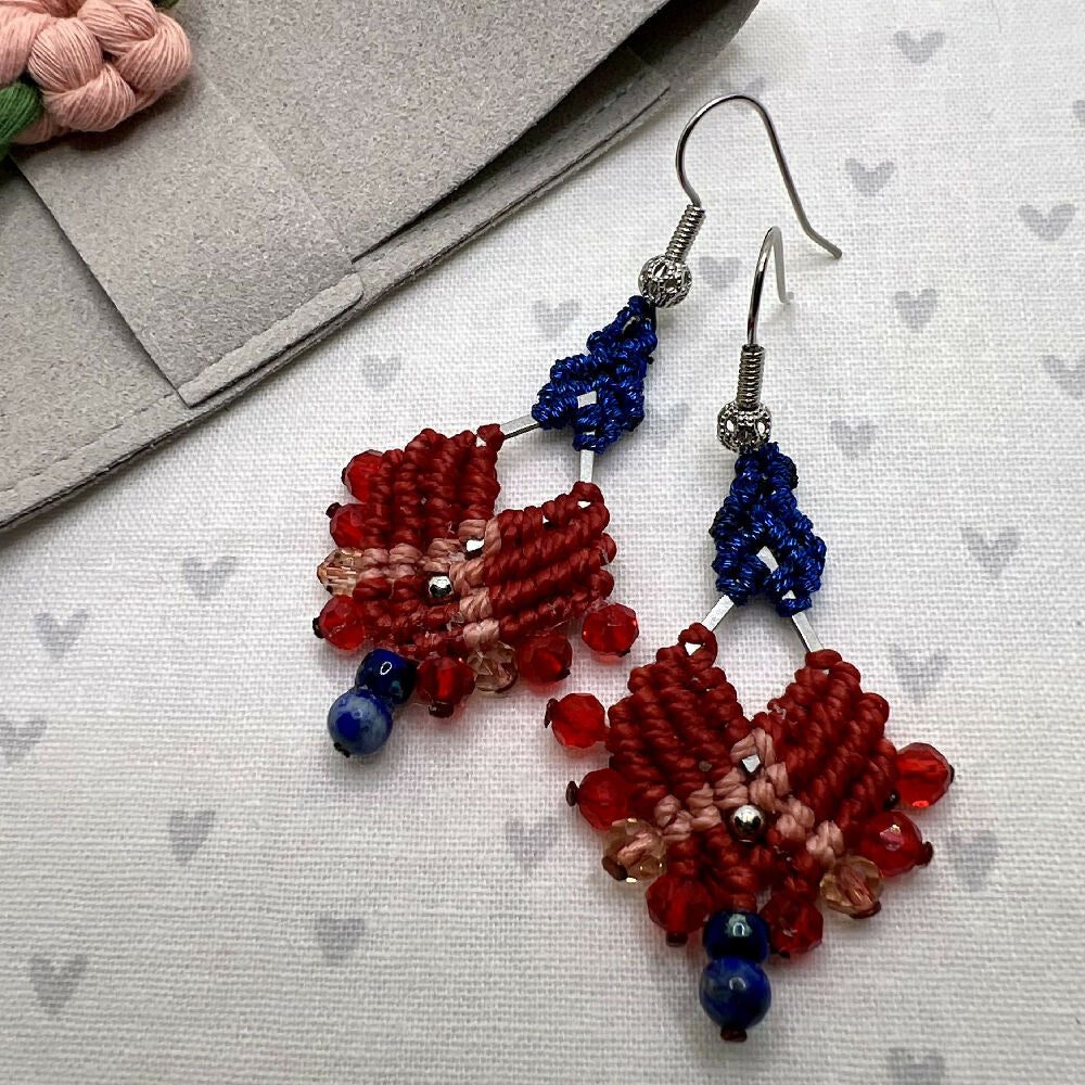 Red & Blue micro macrame earrings +Free microfibre pouch
