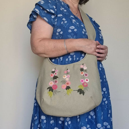 Upcycled hobo bag, hollyhock applique