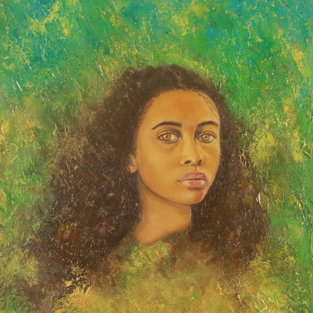 Print of a portrait of 'Gaia' in a gold and green abstract background