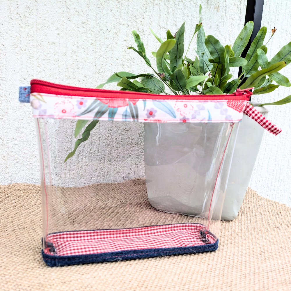 Clear Pouch Organiser with Upcycled Denim base Red botanical