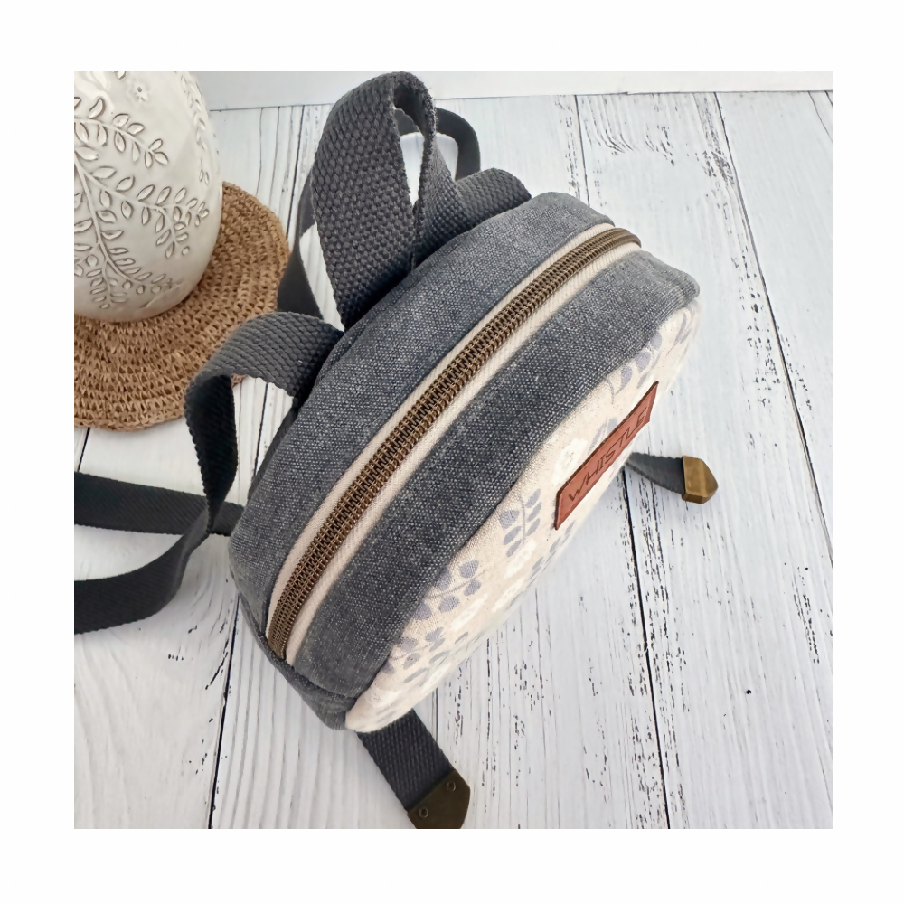 Mini Circle Backpack - Soft Grey with White Flowers