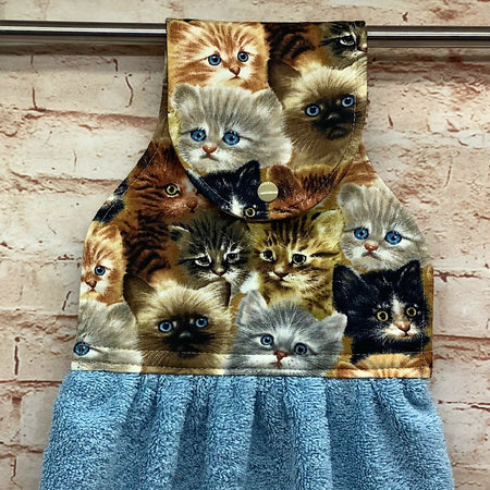 Cats and kittens hanging hand towel with fabric and loop top. - 3 Designs