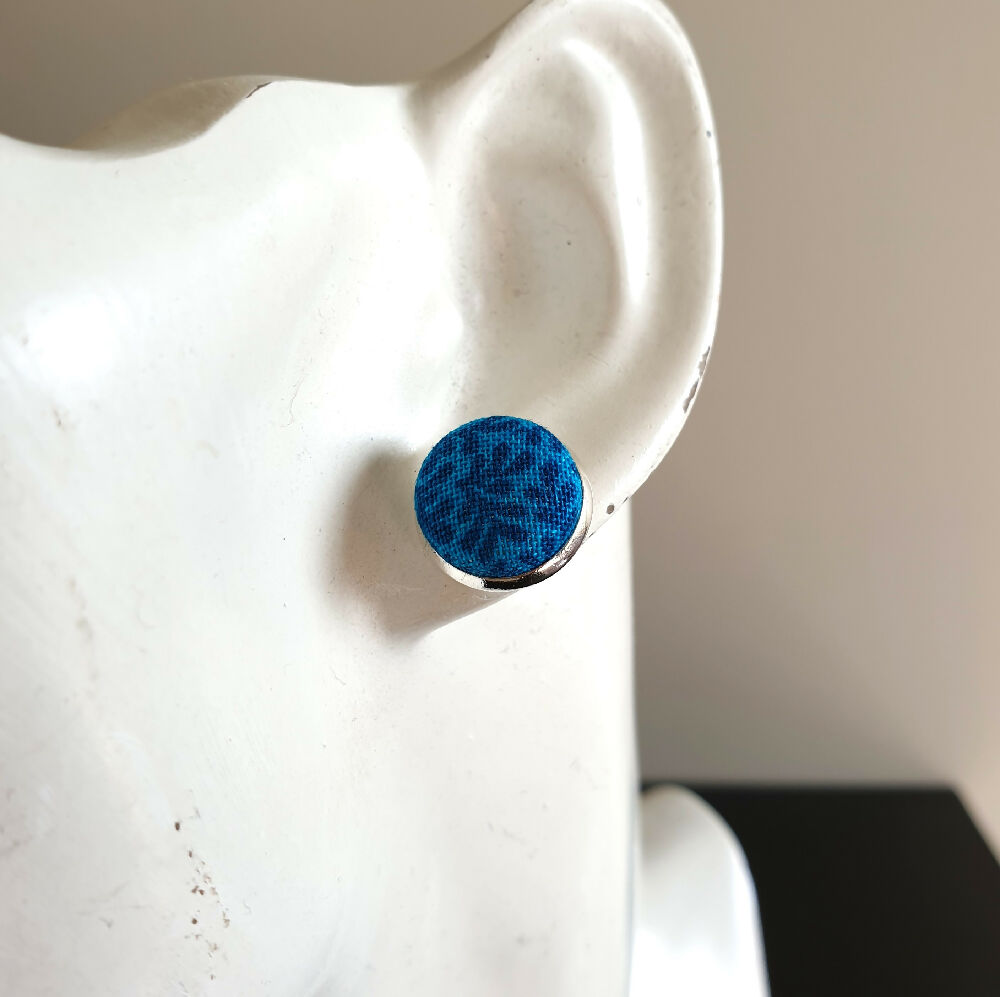 1.4cm Round Blue Plants cotton fabric Cabochon stud earrings