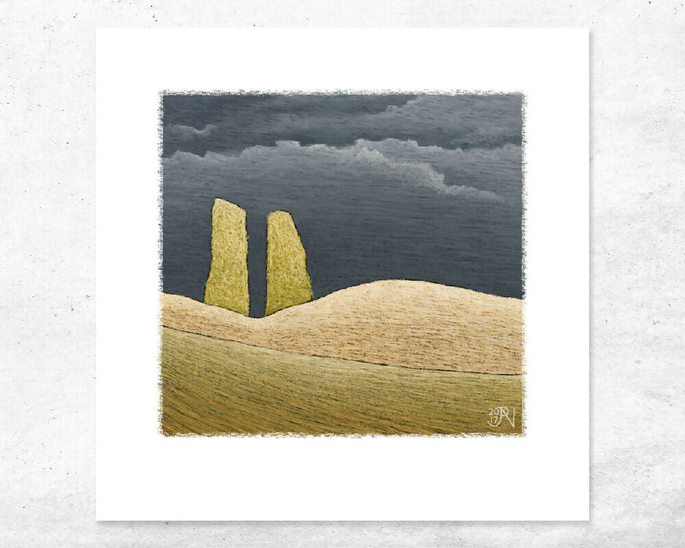 Small Abstract Landscape Art Print of Storm Clouds, Poplar Trees and Light Soaked Hills.