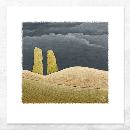 Small Abstract Landscape Art Print of Storm Clouds, Poplar Trees and Light Soaked Hills.