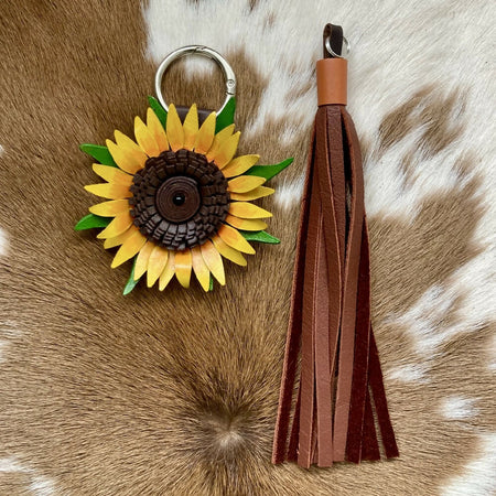 Leather Sunflower Keychain | Bag Charm with optional tassel