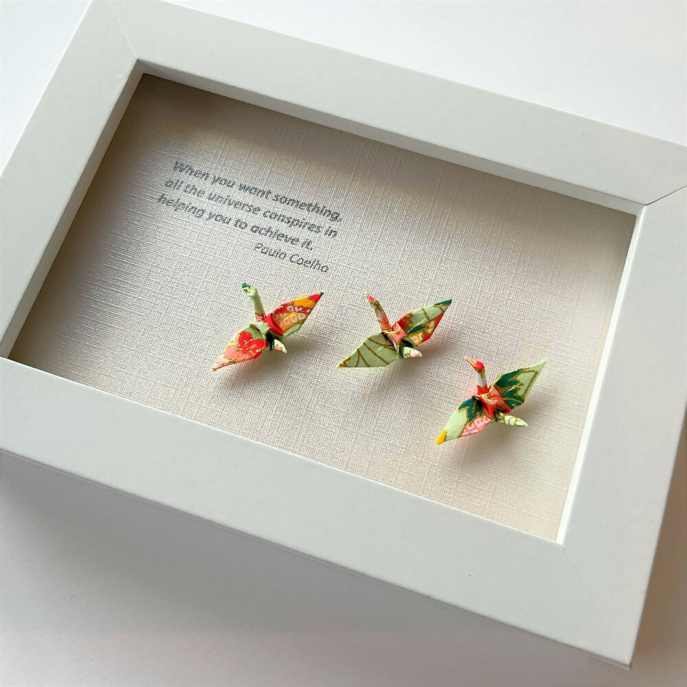 Framed inspiration quote and colourful cranes - I haven't been everywhere but it's on my list