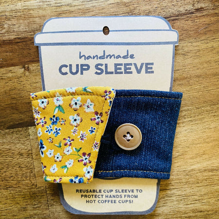 Upcycled Coffee Cup Sleeve reversible - Mustard/Denim