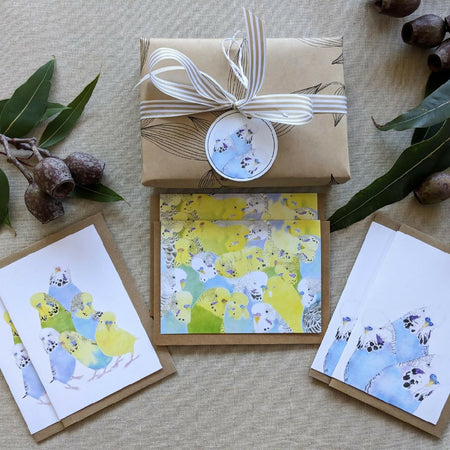 Boxed set: 6 Budgie note cards. Gift wrapped.