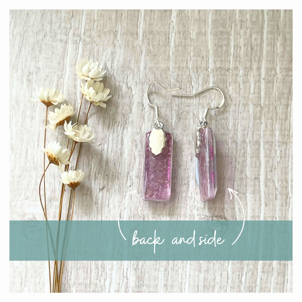 Purple Earrings with Little White Flowers handmade with Glass and Paper