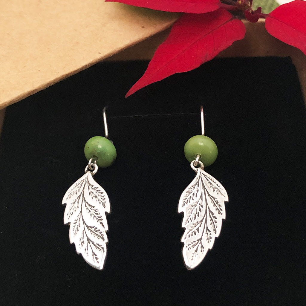 Handmade Sterling Silver and Green Christmas Leaf Earrings