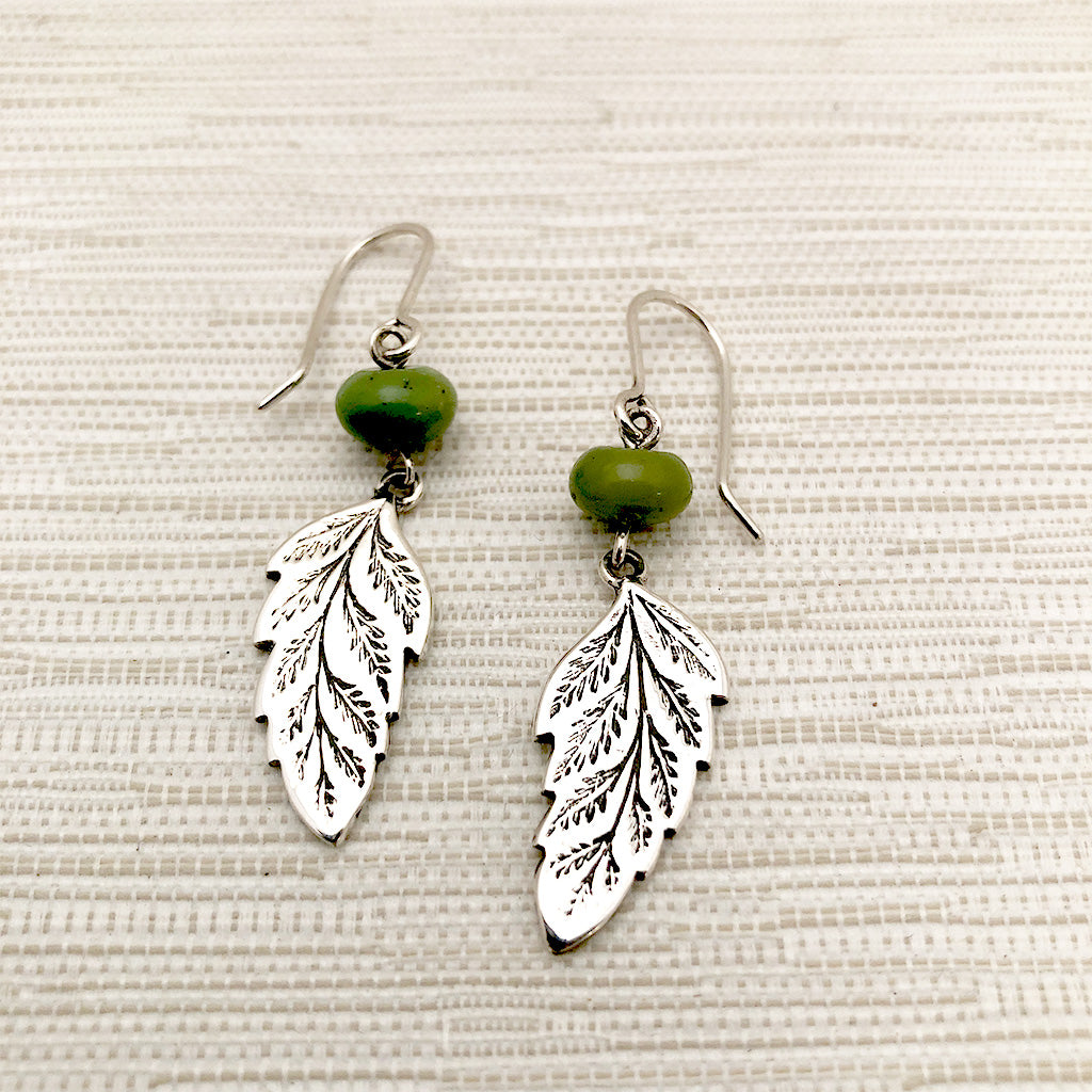 Handmade Sterling Silver and Green Christmas Leaf Earrings