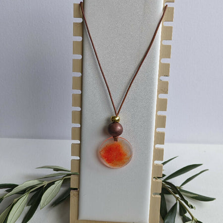 Pendant - Orange Sky resin circle pendant with timber feature bead