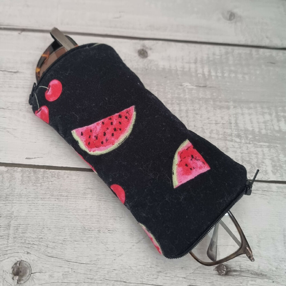 Upcycled double glasses pouch - watermelon & cherries
