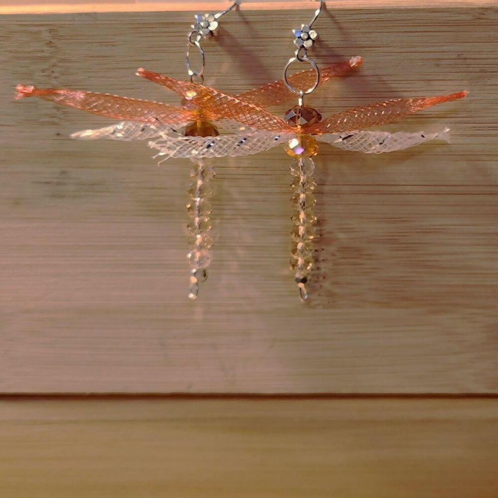 Dangle earrings. Dragonfly nylon mesh and crystals.