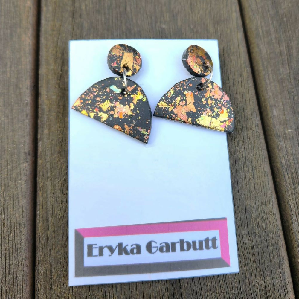 Dangle stud earrings. Black Polymer clay and gold leaf.