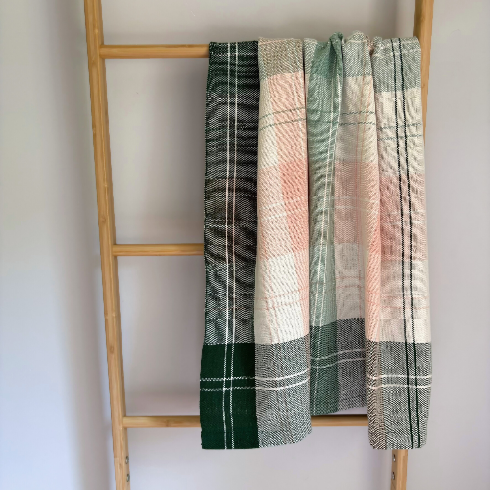 ladder-scrunched-green-cream-pink-check-baby-blankets-handwoven-cotton