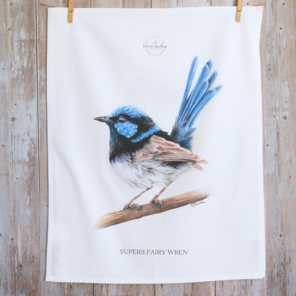 Australian-artist-tea-towel-superb-fairy-wren-blue-wren-front