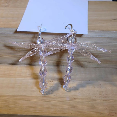 Dangle earrings. Pink Dragonfly nylon mesh and crystals.