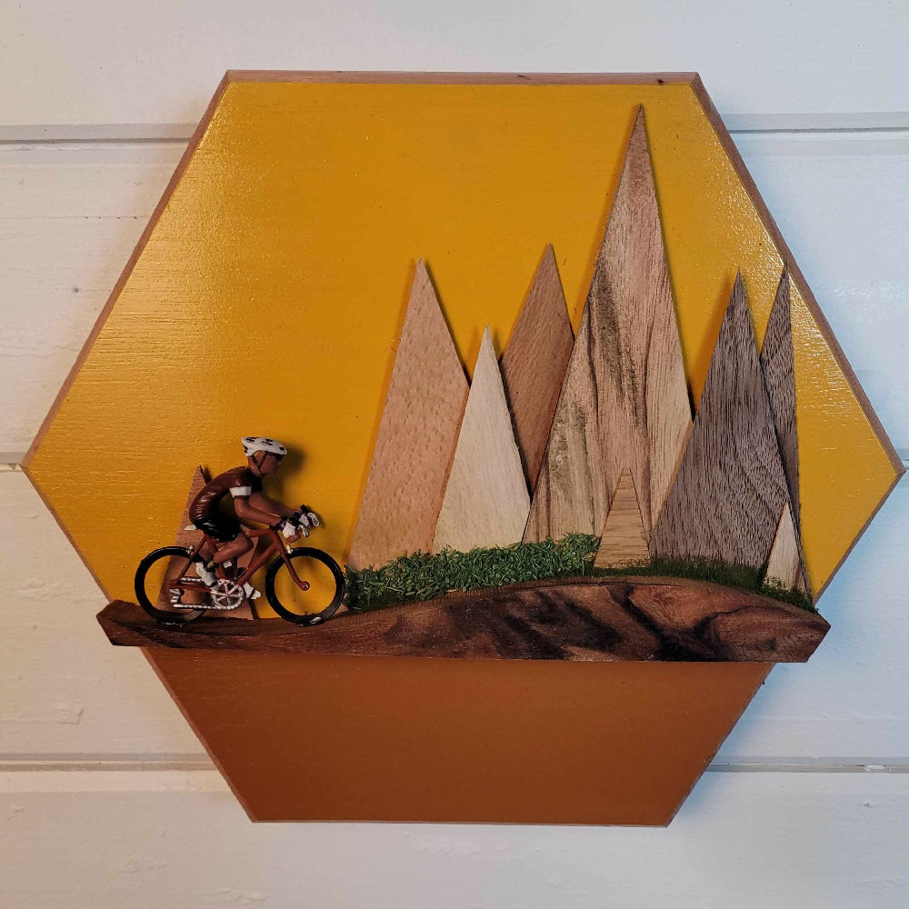 Wooden Frame-less wall art of cyclist road bike racer mountains,